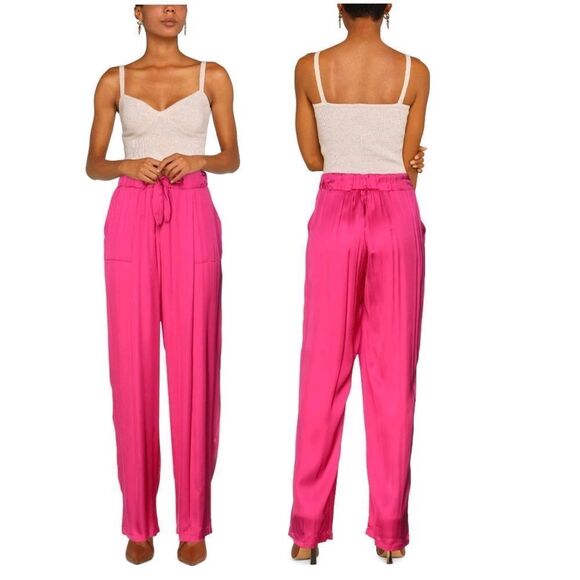 Think Be hot fuchsia pink satin high waisted straight leg  drawstring pants Sz L - Picture 1 of 15